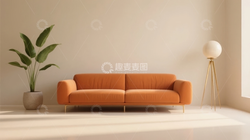 高清大图下载【趣麦麦图】橙色沙发搭配绿植与落地灯的简约室内场景