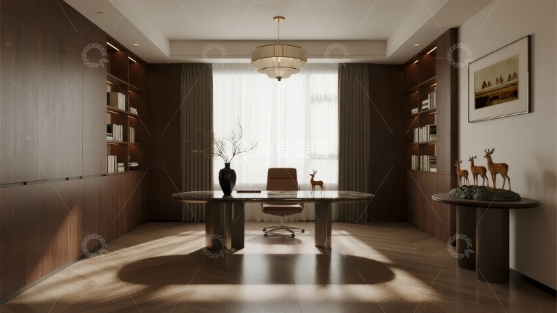 现代简约风格办公室内景阳光透过窗帘洒落