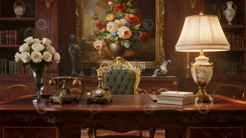 高清大图下载【趣麦麦图】古典风格书房内摆放着花卉装饰与精美家具