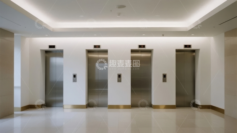 高清大图下载【趣麦麦图】现代建筑内部四部电梯排列整齐