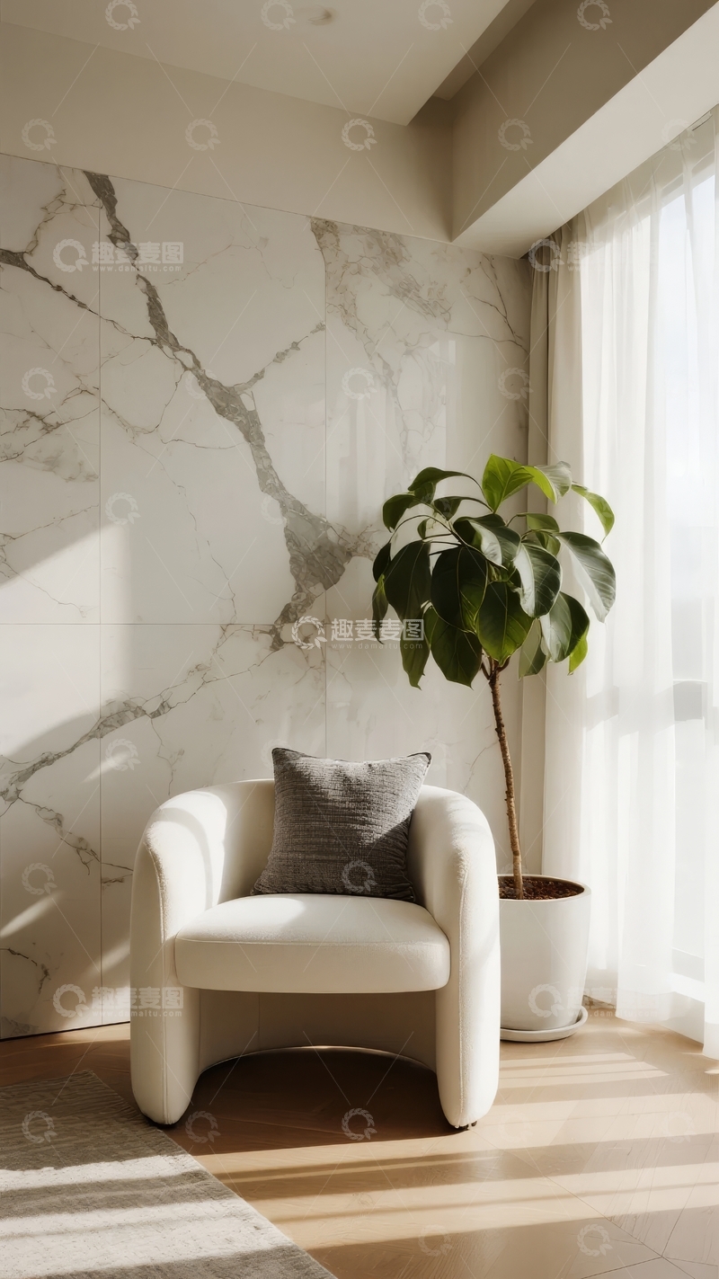 高清大图下载【趣麦麦图】现代简约风格客厅一角摆放着单人沙发和绿植