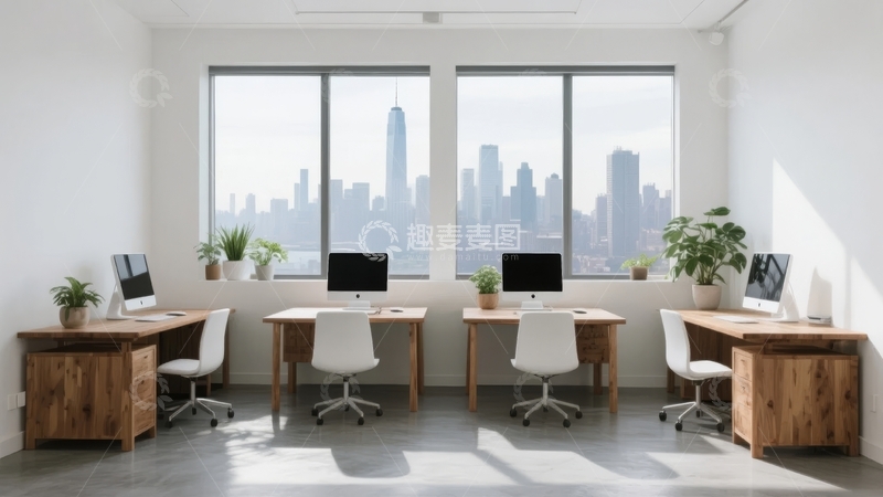 高清大图下载【趣麦麦图】现代办公室内景配备电脑和城市景观窗户