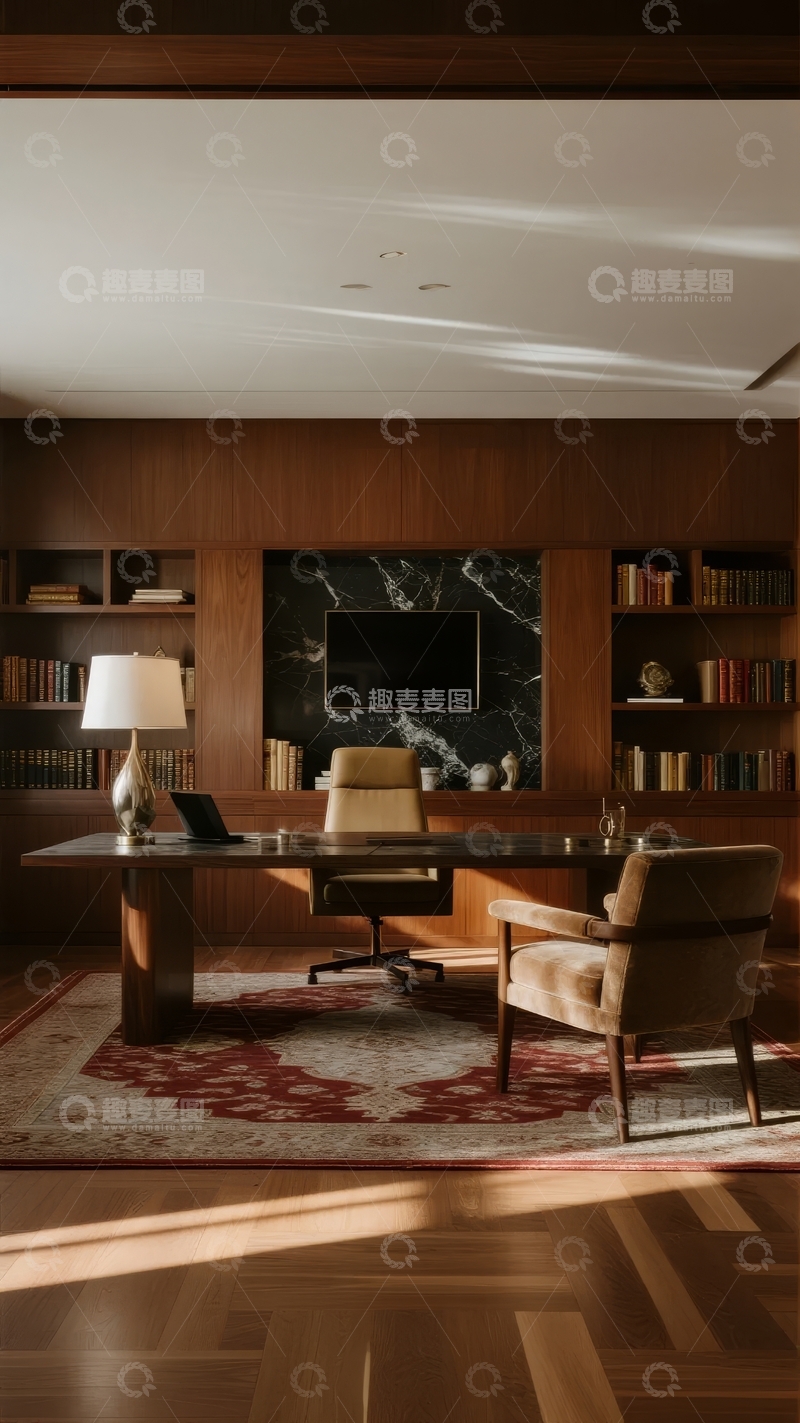 高清大图下载【趣麦麦图】现代书房内光线透过窗户照亮书桌与书架