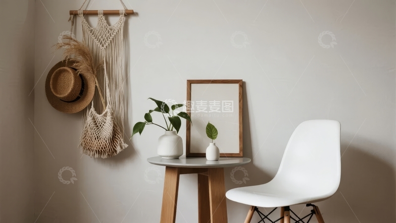 高清大图下载【趣麦麦图】简约室内角落摆放着白色椅子和装饰植物