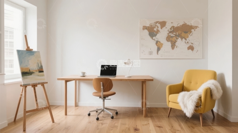 高清大图下载【趣麦麦图】明亮室内角落设有书桌、画架和黄色扶手椅
