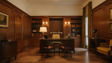 典雅木质书房内陈设着书桌、书架和舒适座椅