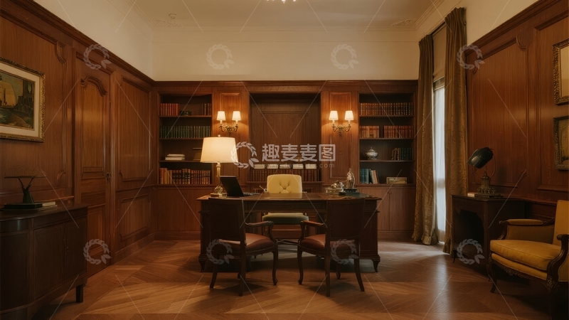 高清大图下载【趣麦麦图】典雅木质书房内陈设着书桌、书架和舒适座椅