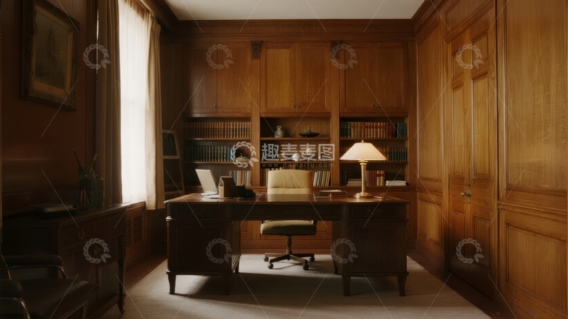 高清大图下载【趣麦麦图】典雅书房内陈设整齐书桌与书架