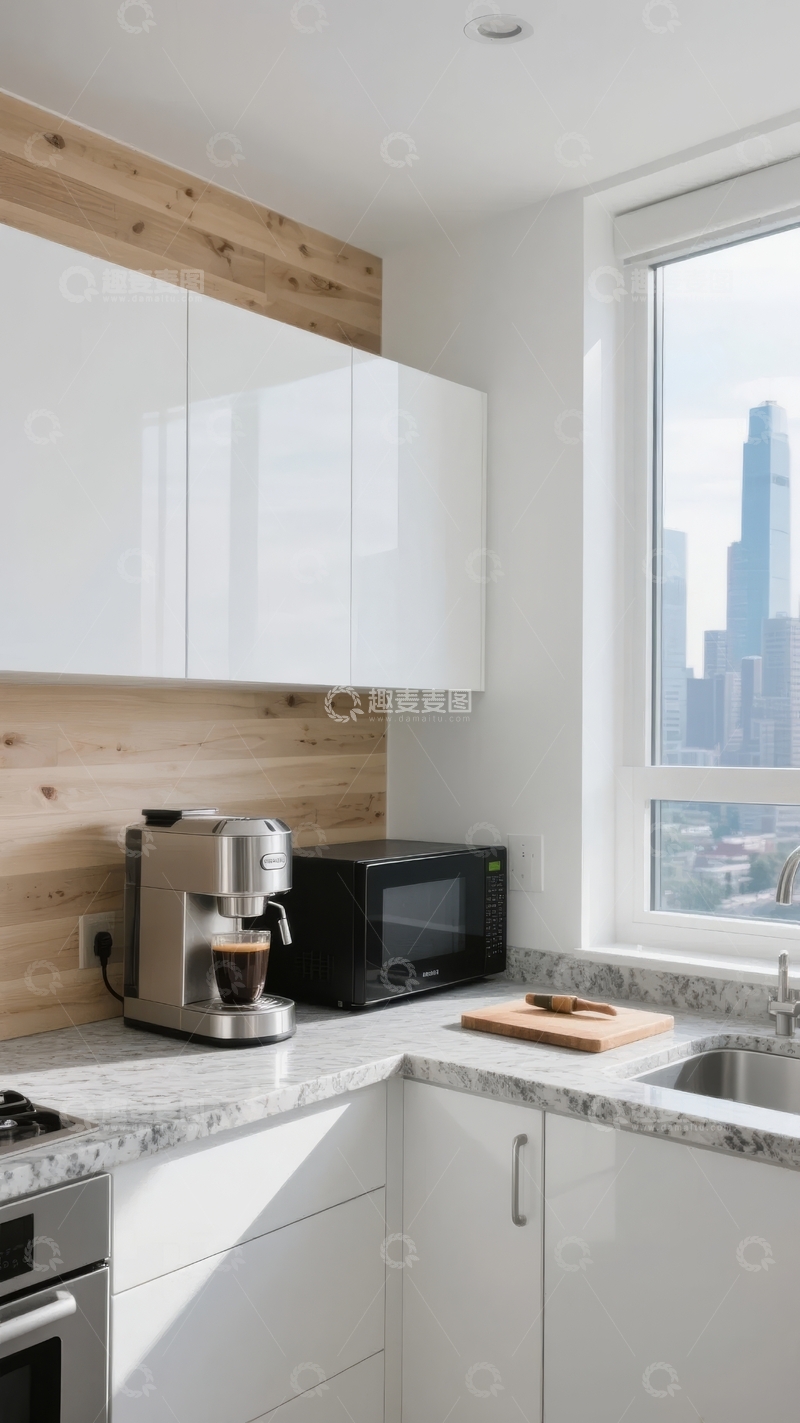 高清大图下载【趣麦麦图】现代厨房一角配备白色橱柜和木质墙面