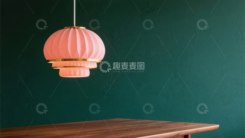 高清大图下载【趣麦麦图】粉色多层吊灯悬挂在绿色墙壁旁的木质桌面上