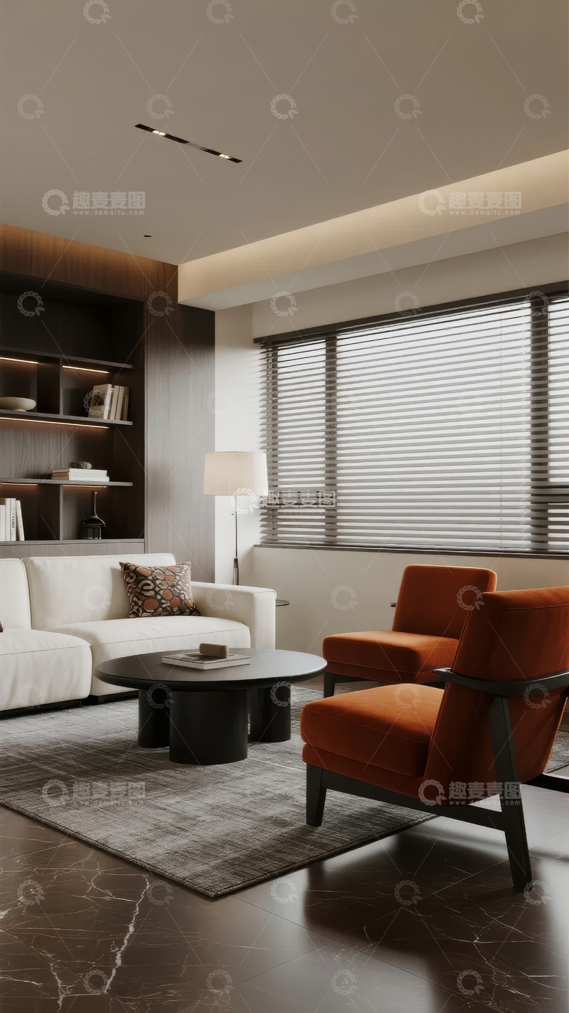 高清大图下载【趣麦麦图】现代简约风格客厅设计包含橙色扶手椅和白色沙发