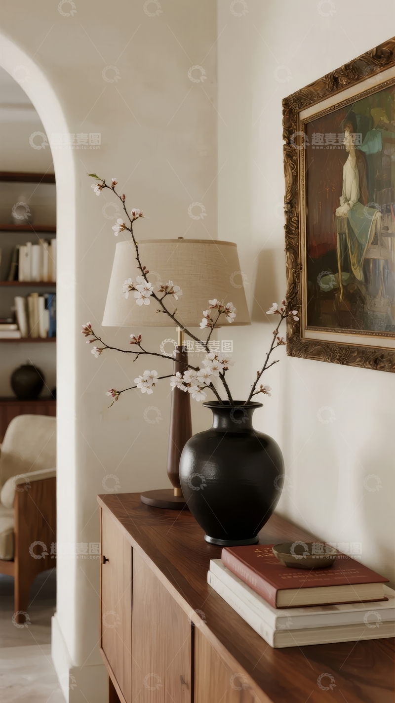 高清大图下载【趣麦麦图】室内角落摆放着花瓶与画作营造温馨氛围