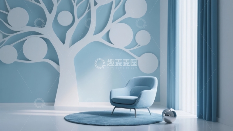 高清大图下载【趣麦麦图】蓝色墙面装饰树与简约单人椅的室内角落