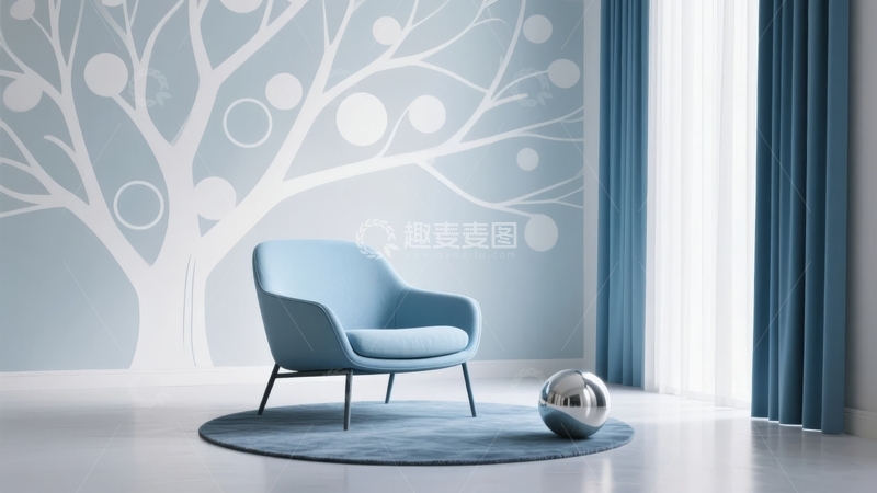 高清大图下载【趣麦麦图】现代简约风格客厅蓝色树形壁画与舒适扶手椅