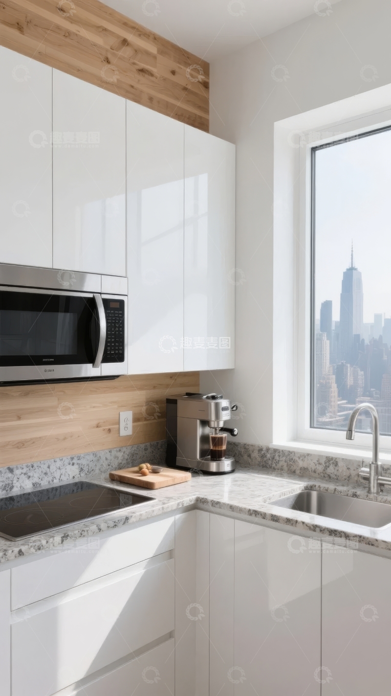 高清大图下载【趣麦麦图】现代简约风格厨房角落带窗外城市景观