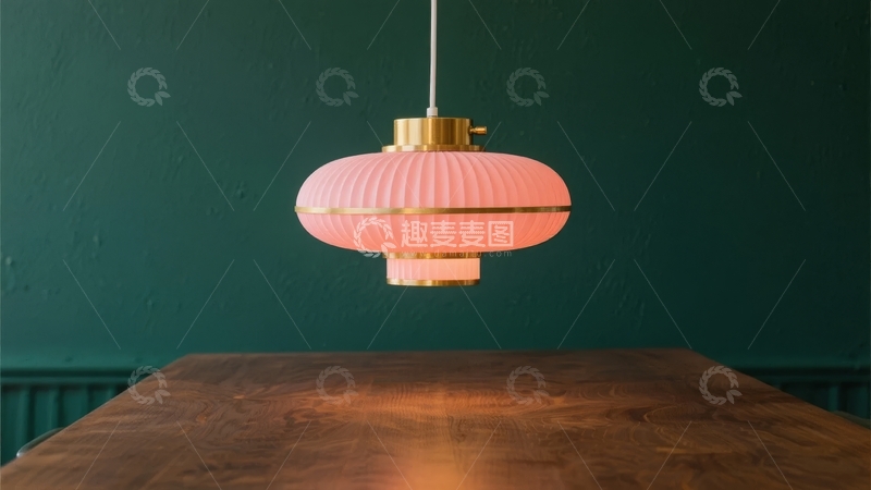 高清大图下载【趣麦麦图】粉色吊灯悬挂在深绿色墙壁前的木质桌面上