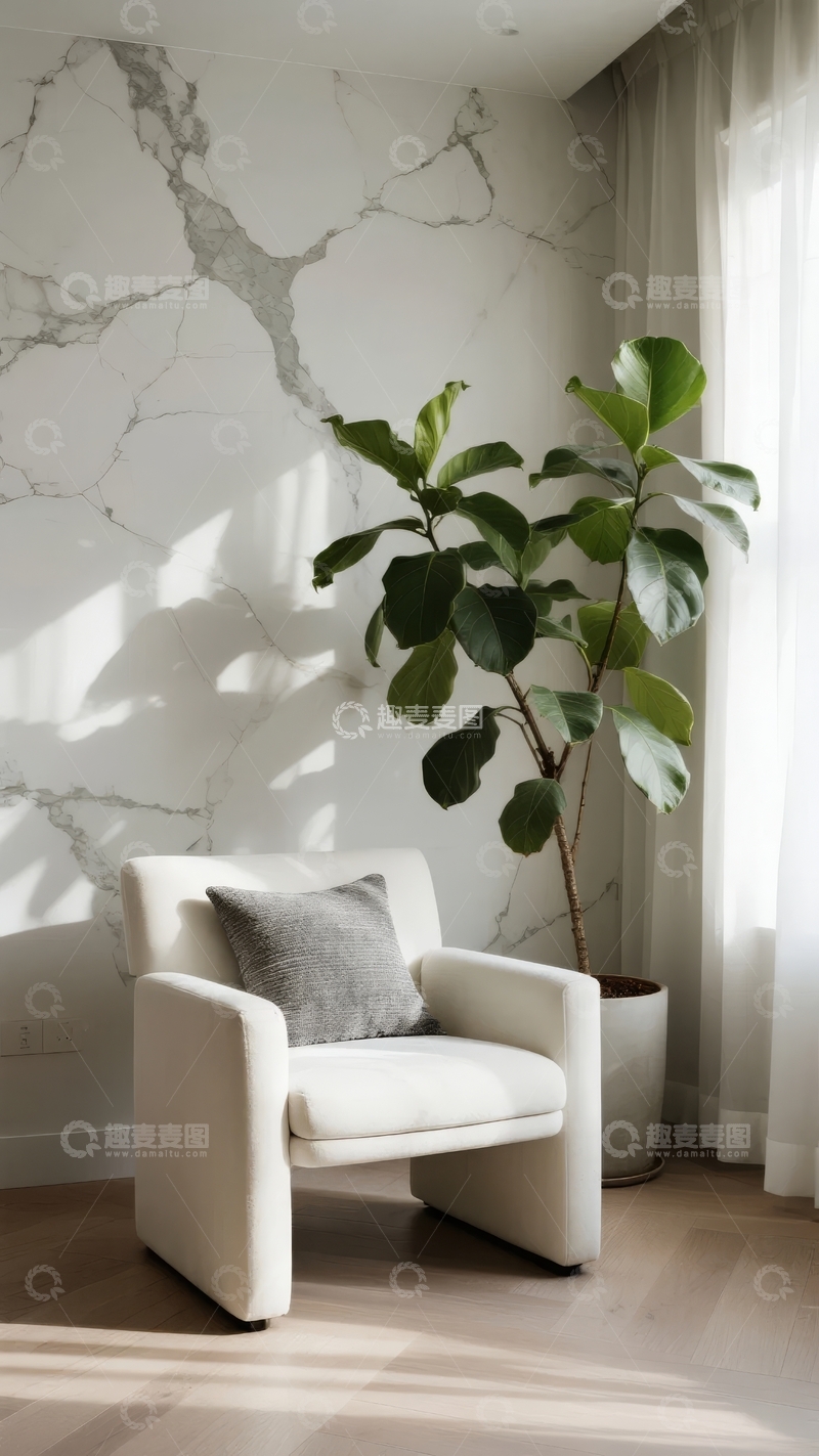 高清大图下载【趣麦麦图】现代简约风格客厅一角摆放着绿植和单人沙发