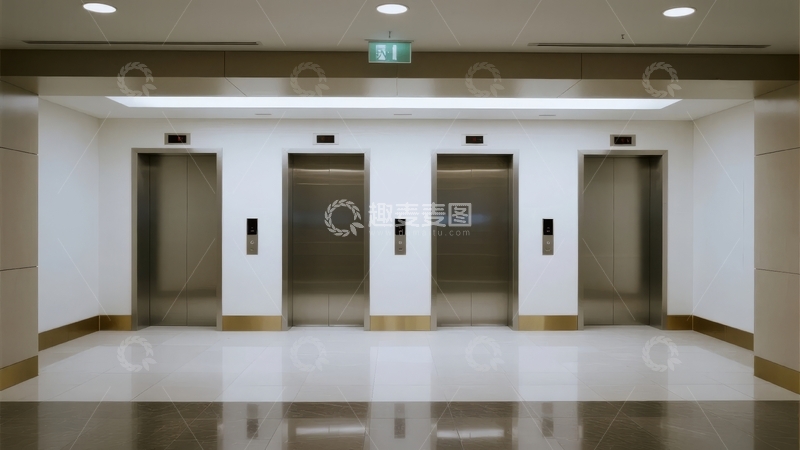 高清大图下载【趣麦麦图】现代建筑内部四部电梯排列整齐的场景