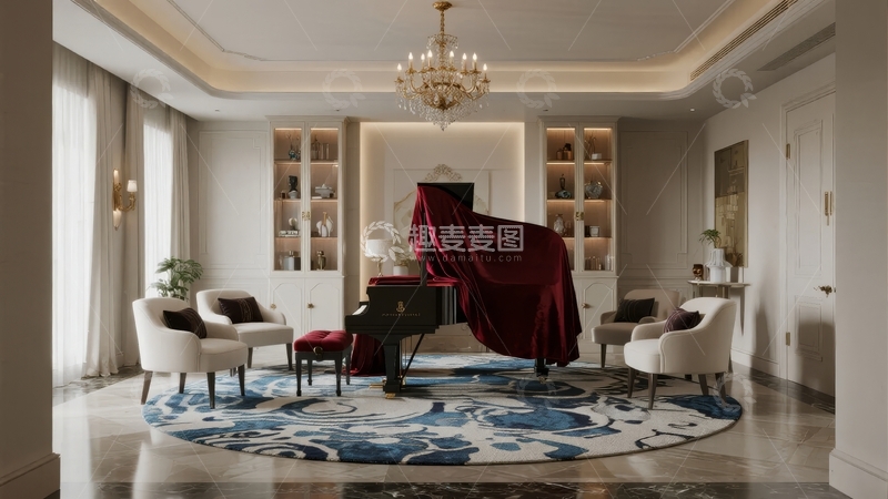 高清大图下载【趣麦麦图】豪华客厅内摆放着被布覆盖的钢琴
