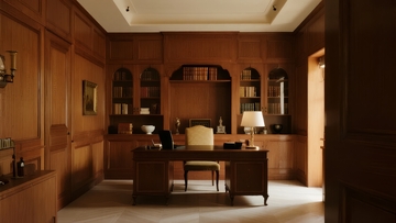 典雅木质书房内陈设精致书桌与书架