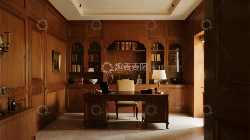 高清大图下载【趣麦麦图】典雅木质书房内陈设精致书桌与书架
