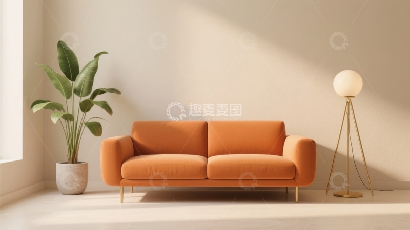 高清大图下载【趣麦麦图】简约室内橙色沙发旁绿植与落地灯