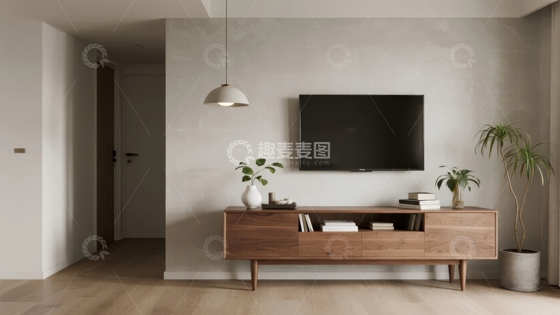 高清大图下载【趣麦麦图】简约现代客厅墙面悬挂电视木质柜子搭配绿植
