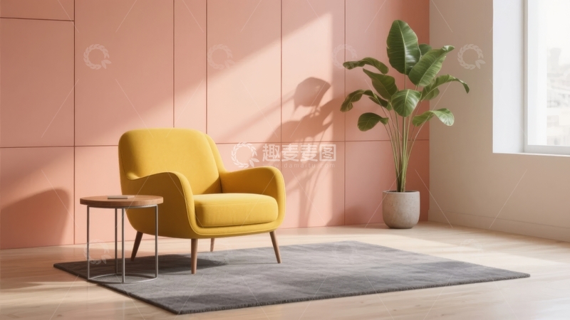 高清大图下载【趣麦麦图】粉色墙面房间内摆放黄色扶手椅和绿植