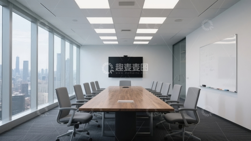 高清大图下载【趣麦麦图】现代商务会议室配备长桌和全景窗户