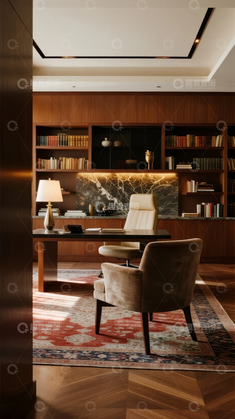 高清大图下载【趣麦麦图】现代书房内书架环绕书桌与舒适座椅