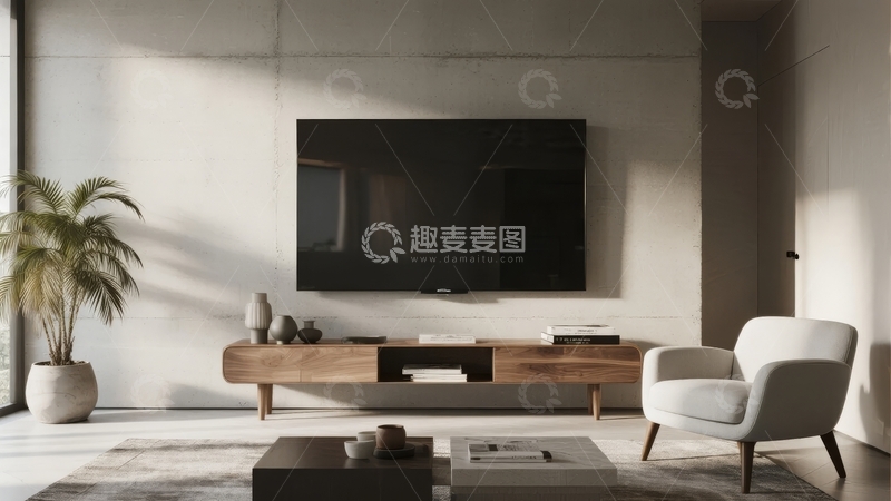 高清大图下载【趣麦麦图】现代简约客厅电视墙设计搭配舒适座椅与绿植装饰