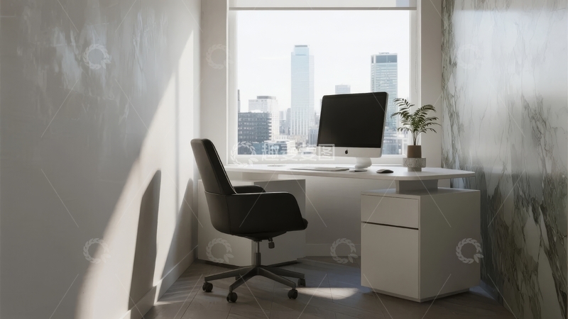 高清大图下载【趣麦麦图】现代简约风格办公室角落配备电脑与绿植