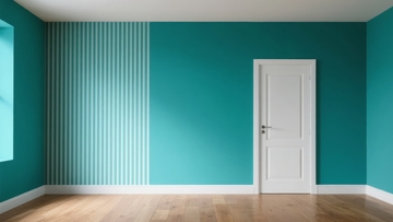 空房间内蓝绿色墙面与木质地板的简约设计
