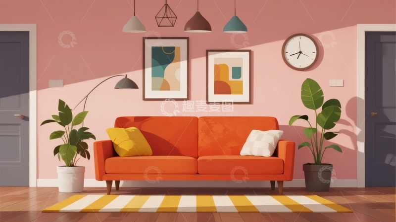 高清大图下载【趣麦麦图】粉色墙面的客厅内摆放着橙色沙发和绿植