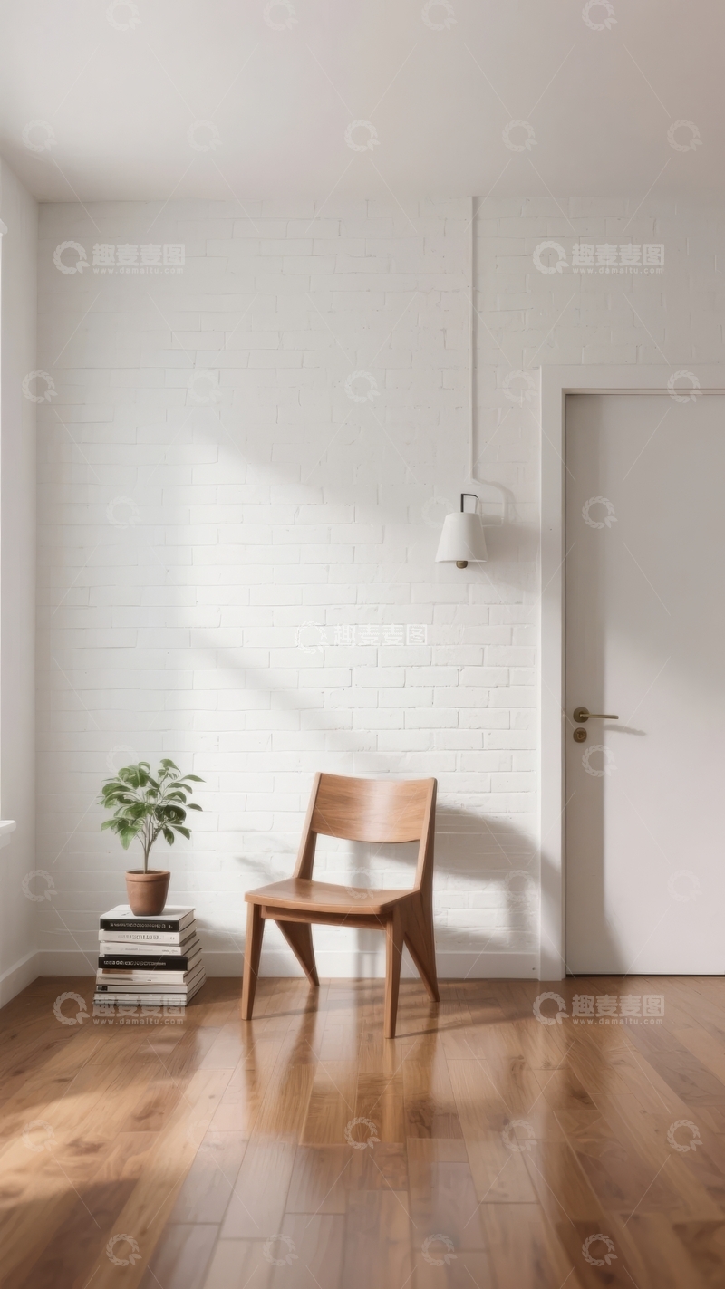 高清大图下载【趣麦麦图】简约室内空间阳光洒落木质地板与单人椅