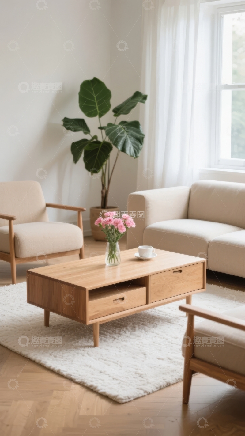高清大图下载【趣麦麦图】现代简约客厅摆放着米色沙发和木质茶几