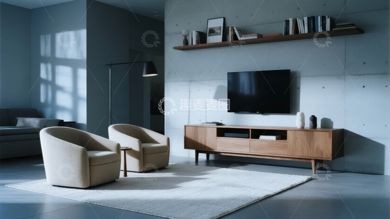 高清大图下载【趣麦麦图】现代简约客厅布置配有沙发椅和电视柜