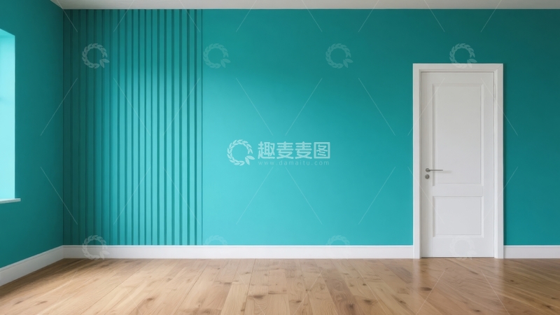 高清大图下载【趣麦麦图】空旷房间内蓝色墙面与木质地板的简约设计