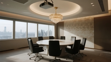 现代商务会议室配备圆形桌椅和城市景观窗