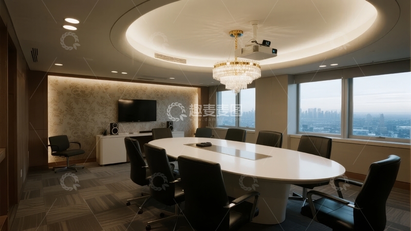 高清大图下载【趣麦麦图】现代商务会议室配备椭圆形会议桌和大面积窗户