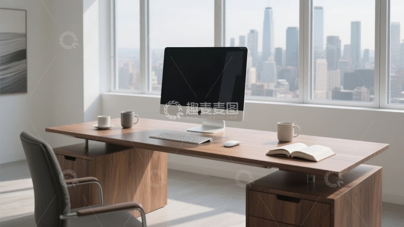 高清大图下载【趣麦麦图】现代办公室书桌旁的城市景观与简洁办公用品