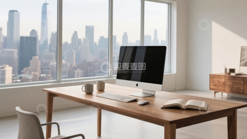高清大图下载【趣麦麦图】现代办公室内景配备电脑与城市景观