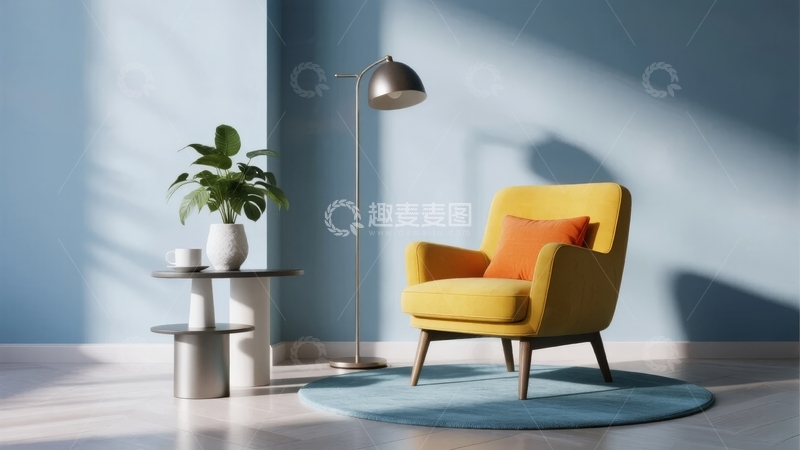 高清大图下载【趣麦麦图】蓝色墙面下的黄色扶手椅与绿植装饰的室内角落