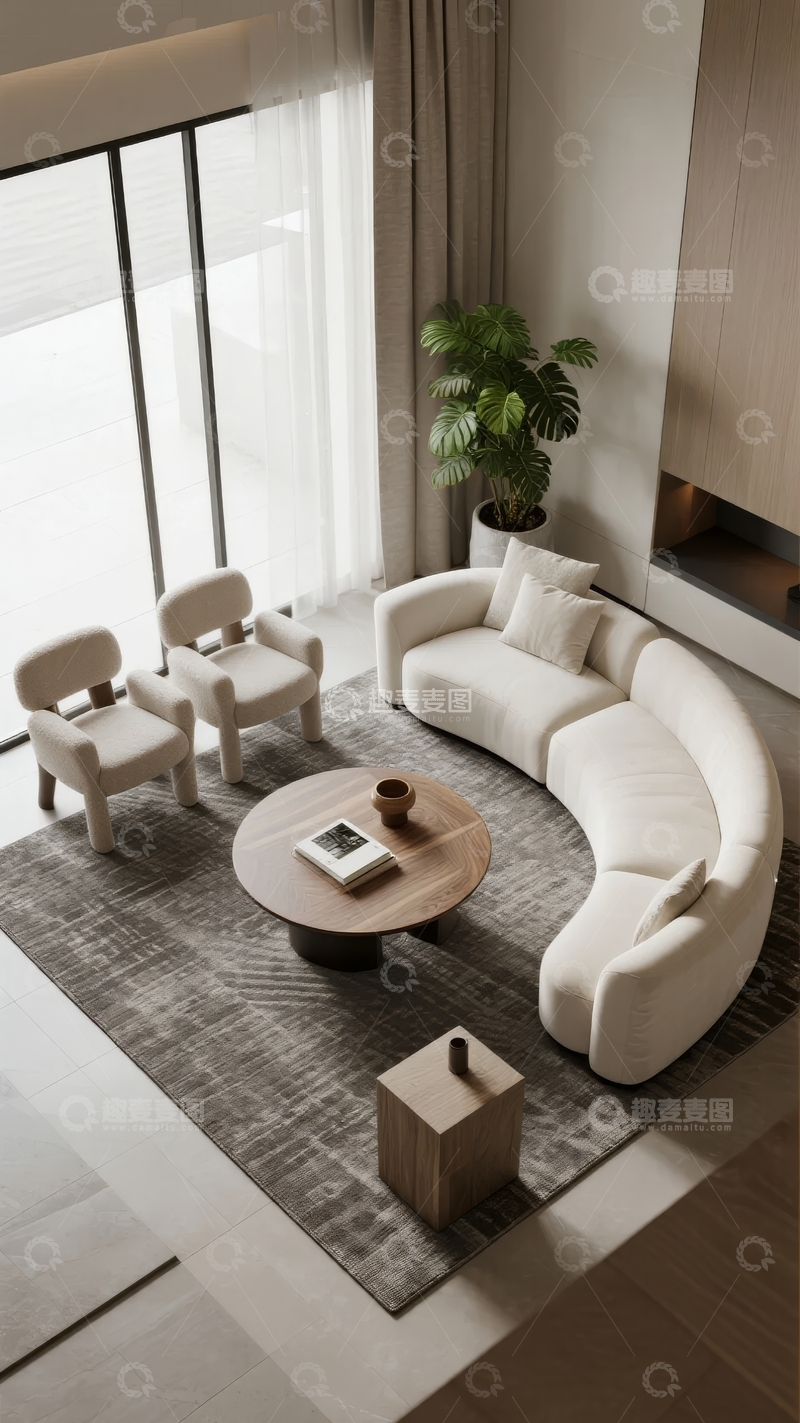 高清大图下载【趣麦麦图】现代简约风格客厅俯瞰图沙发茶几绿植点缀