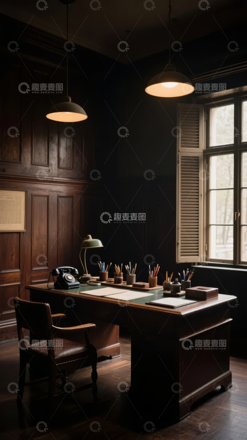 高清大图下载【趣麦麦图】复古风格书房内深色木质书桌与窗户旁的温馨灯光