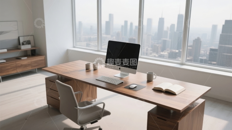 现代办公室书桌配城市景观