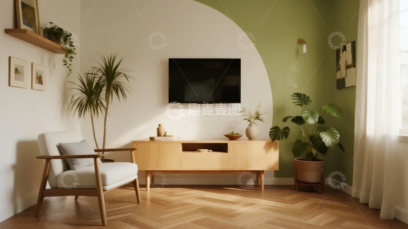 高清大图下载【趣麦麦图】现代简约风格客厅布置绿植与木质家具