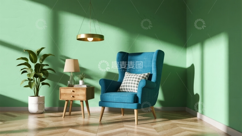 高清大图下载【趣麦麦图】绿色墙面房间内摆放蓝色扶手椅和木质边桌