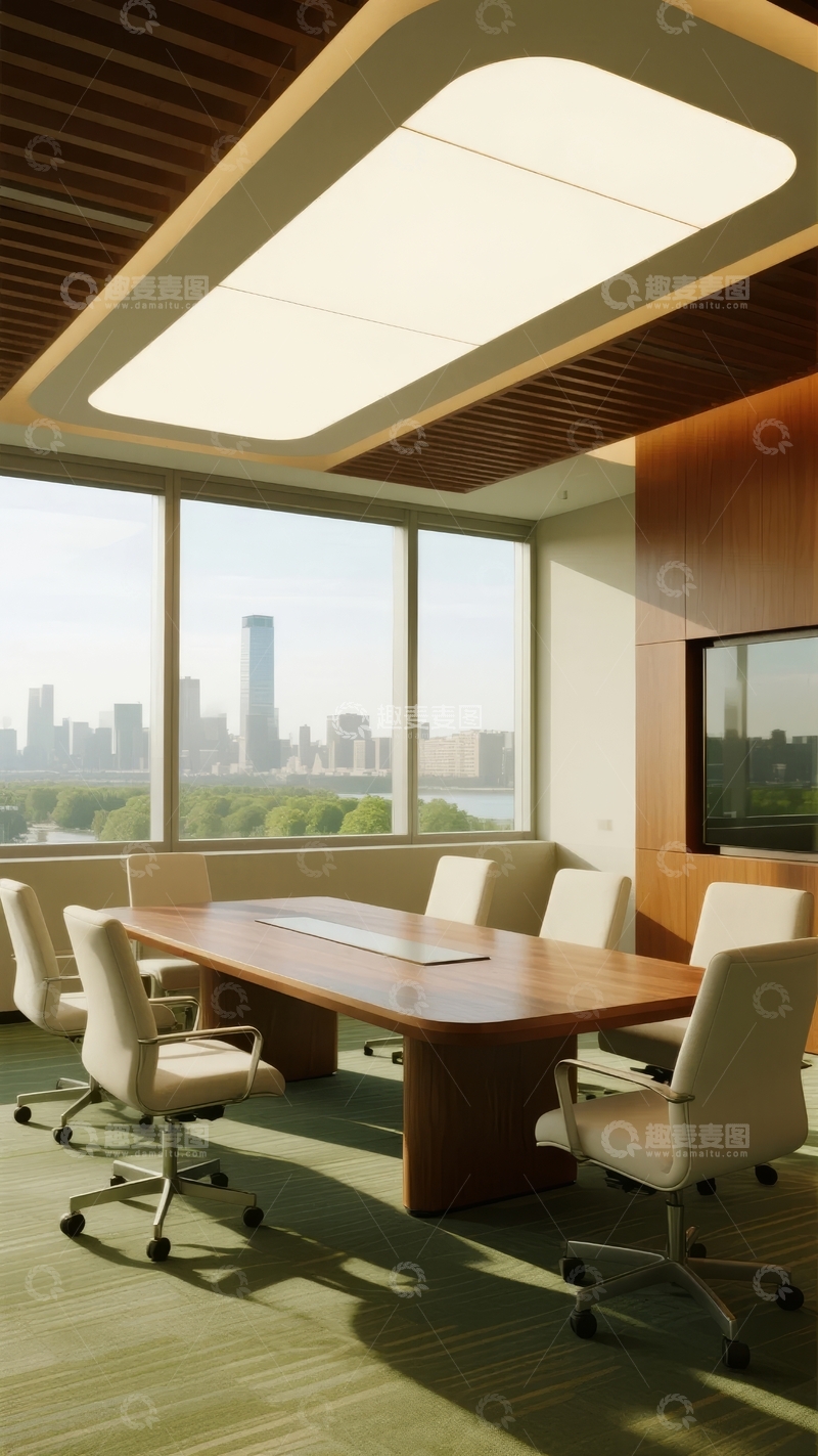 高清大图下载【趣麦麦图】现代会议室配备长桌和城市景观窗户