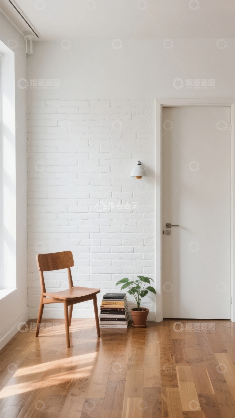 高清大图下载【趣麦麦图】简约室内空间阳光洒落木质地板与白色墙面相映